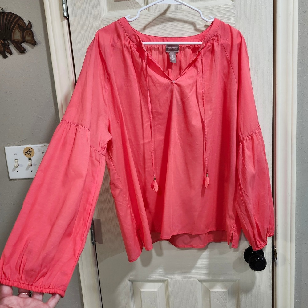Chicos Papaya Coral Cotton Lyocell Tassel Tie Popover Blouse NWT Size 3 Large XL - Picture 2 of 10